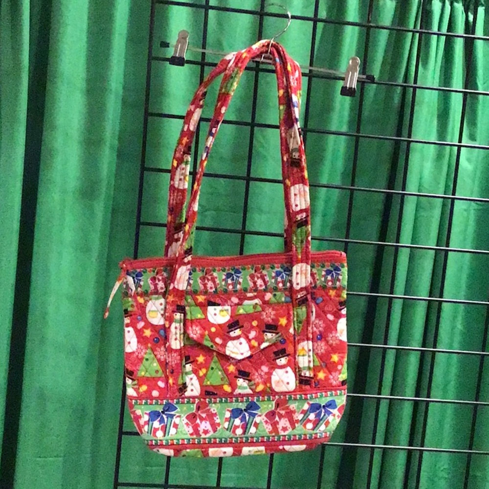 Vibrant Red quilted snowman Pattern Tote Bag